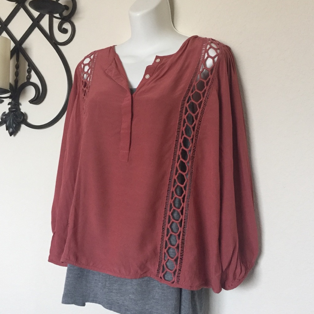 Loft Burnt Orange Crochet Embroidered Blouse L